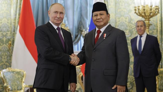 Russia's President Vladimir Putin with Indonesia's President Prabowo Subianto. Picture: Pool/AFP