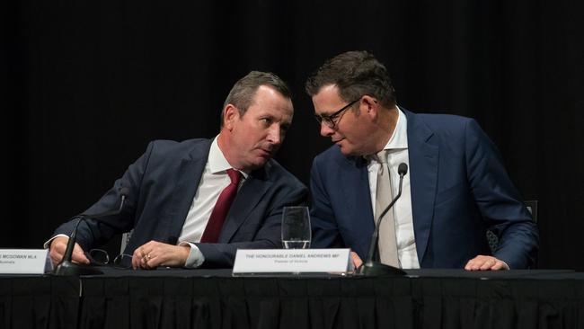 Former WA Premier Mark McGowan and former Victorian Premier Daniel Andrews at a COAG meeting in 2019.