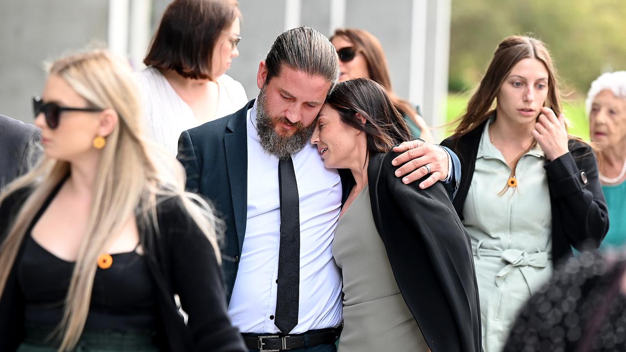 Kelly's sister Danielle Carroll, her husband Reece and other members of Kelly’s family at the Supreme Court for Johnston’s sentencing. Picture: NewsWire / John Gass