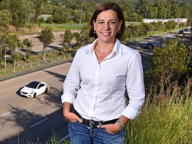 State LNP Leader Deb Frecklington near the Pimpama exit along the M1last month. Picture: AAP image, John Gass.