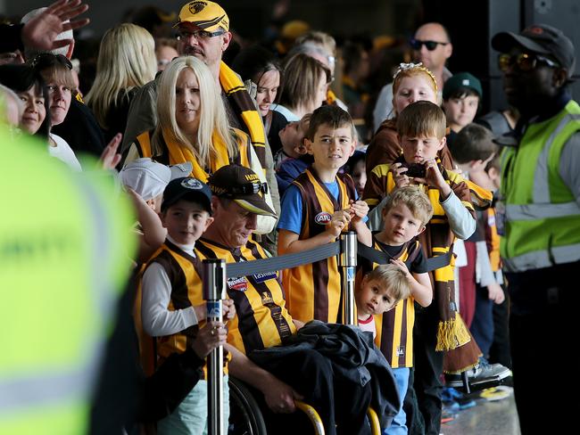 Fans wait to greet Hawthorn players at Princes Wharf in Hobart. Picture: SAM ROSEWARNE