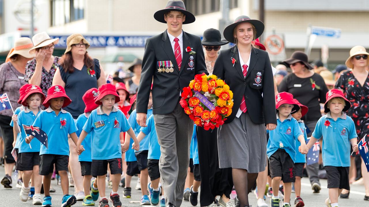 Students from Whitsunday Anglican School march in the Anzac Day parade in Mackay 2019.