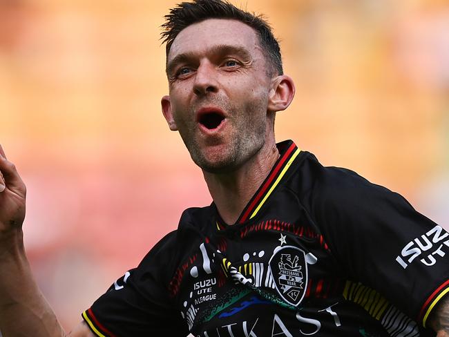 BRISBANE, AUSTRALIA - NOVEMBER 26: Jay O'Shea of Brisbane celebrates scoring a goal during the A-League Men round five match between Brisbane Roar and Perth Glory at Suncorp Stadium, on November 26, 2023, in Brisbane, Australia. (Photo by Albert Perez/Getty Images)