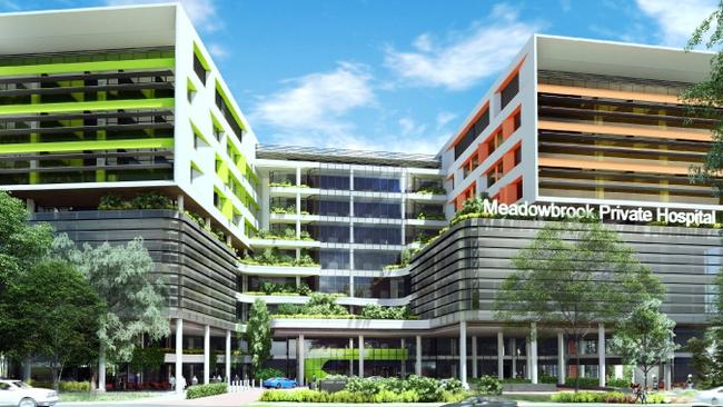 An artist impression of the nine-storey Meadowbrook Private Hospital which was axed after rising construction costs. Picture: LOED