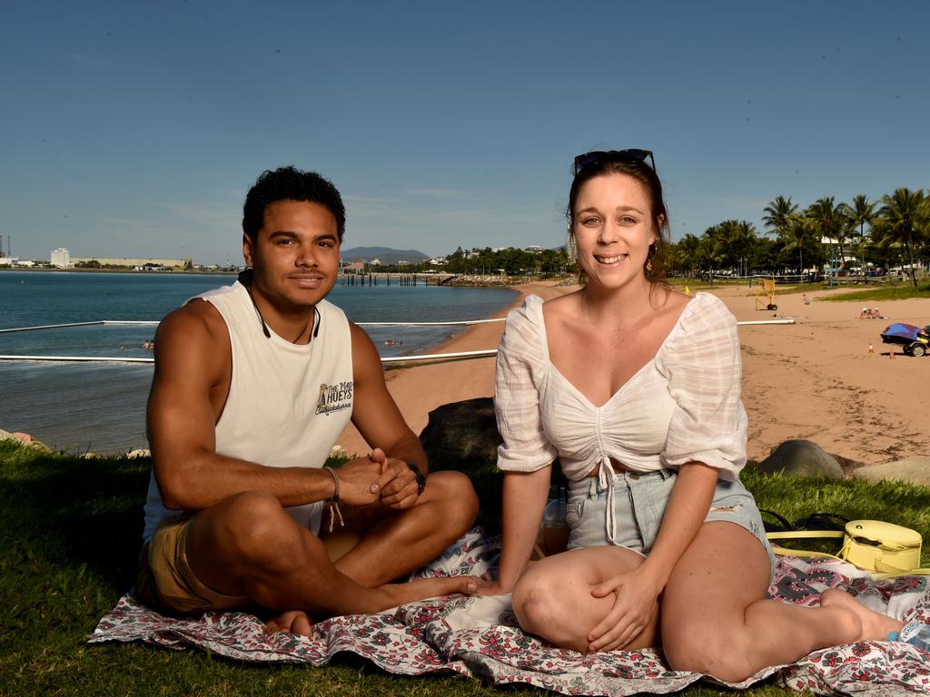 Townsville residents relaxing on the Strand after the relaxation of COVID-19 restrictions. Stuart A'vau and Jess Smit from North Ward. Picture: Evan Morgan