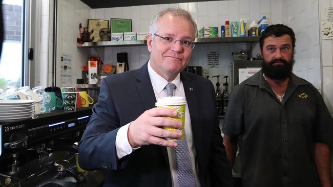 Prime Minister Scott Morrison visiting Yellow Belly Cafe in Googong, NSW. Picture: Kym Smith