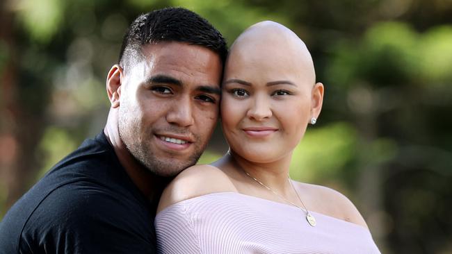 Broncos player Joe Ofahengaue with his girlfriend Sofi Leota, 23, who has been battling breast cancer. Picture: Tara Croser.