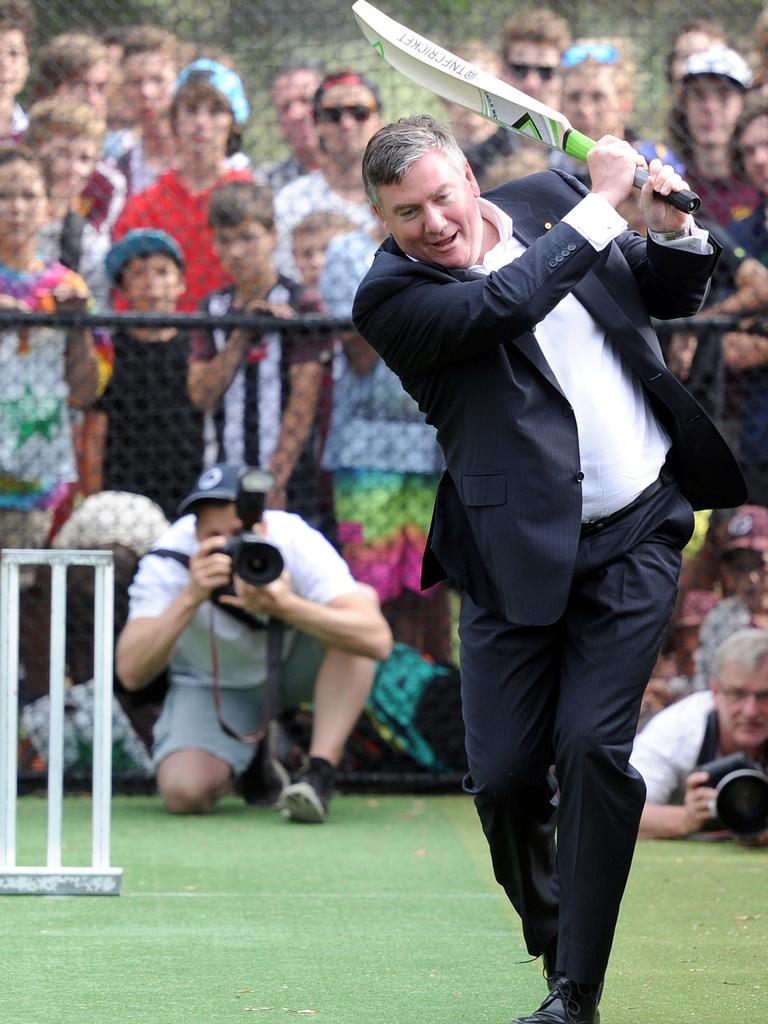 Eddie McGuire goes on the attack during a net session facing Warnie.