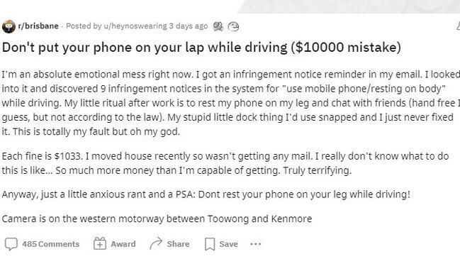 Queensland motorist fined almost $10,000 in fines after being caught with phone on lap nine times.