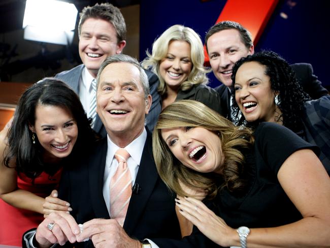 A popular member of staff ... Chris Bath at the retirement of Channel 7 news reader Ian Ross. From left: Sara Groen, Alex Cullen, Samantha Armytage, Matt White, Naula Hafner and Chris Bath. Picture: Ross Shultz