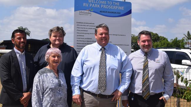 Whitsunday Regional Council customer experience director Adam Hagy, Cr John Collins, Cr Jan Clifford, Mayor Andrew Willcox and Cr Ron Petterson at the opening of the new RV Park in Proserpine.