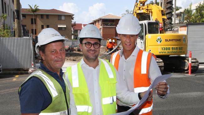 Project Manager Alan Irwin, Joint Managing Director Evan Raptis, and Operations Manager Graeme Fenton at the site of their new tower development, The Gallery, on Broadbeach's Second Avenue. Picture Glenn Hampson