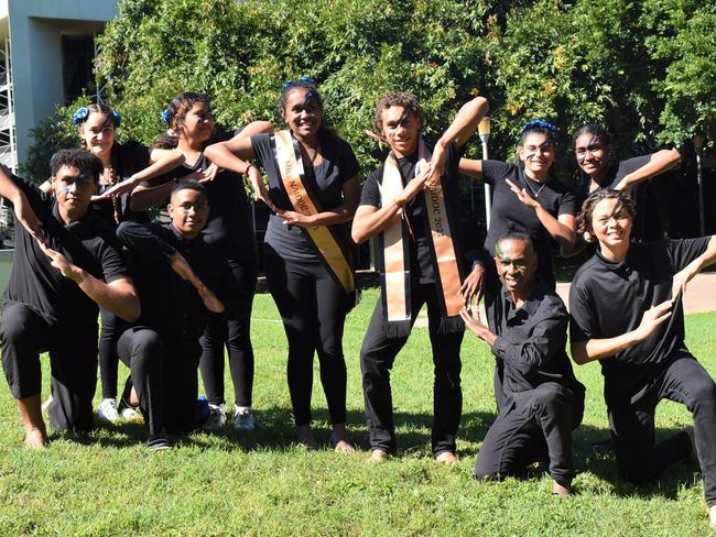 The NAIDOC Dance Ensemble at the NAIDOC Flag Raising Ceremony 2021. Front left to right: Travis Malayta, Naseill Tanwoy, Patrick Thaiday, Zane Cavanagh. Back left to right: Aaliyah Shiner, Nataya Yasserie, Jayla Yasserie, Joshua Yow Yeh, Tahlear Yasserie, Kianna Warcon. Picture: Lillian Watkins