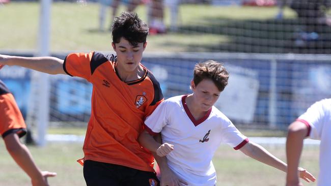 The Premier Invitational football tournament on the Gold Coast. TSS v Brisbane Roar under-13s in action. Picture: Mike Batterham.