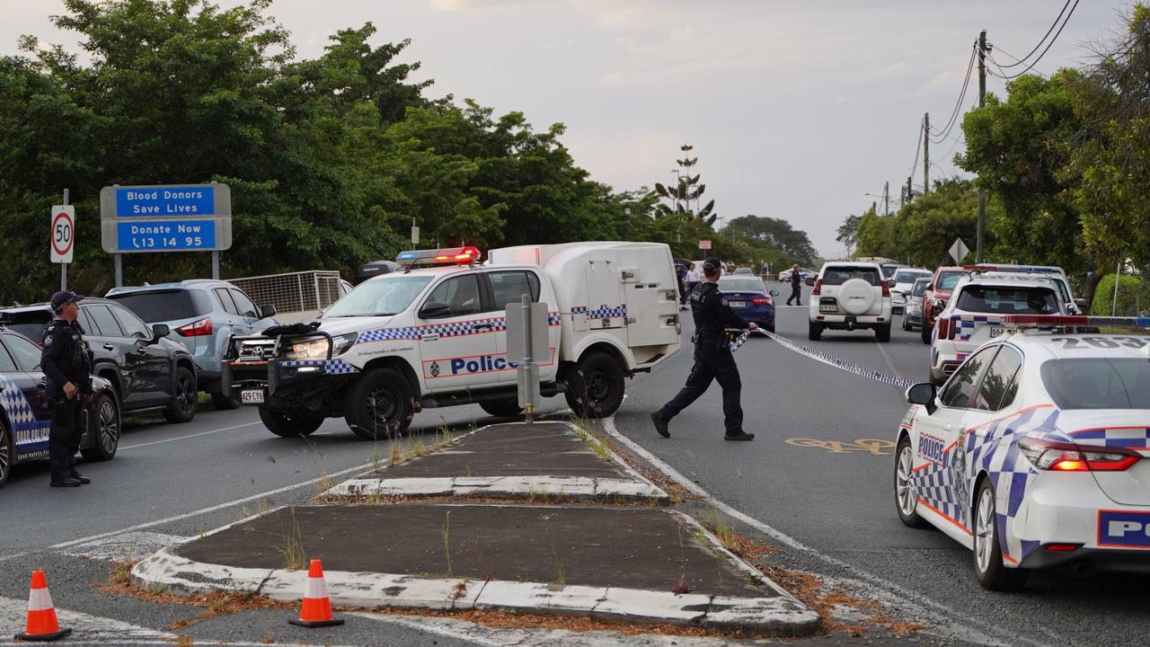 Mackay police cordoned off streets in an unfolding emergency along Bridge Rd on Monday, November 21, 2022 which resulted in officers shooting a man. Picture: Heidi Petith