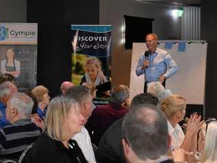 Tony Goodman addresses the first meeting of the new Gympie Chamber of Commerce at a packed RSL Orchid Room this morning. Picture: Scott Kovacevic