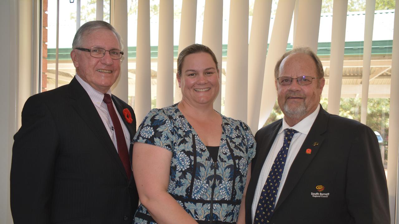 Mayor Keith Campbell, Emma Leu-Marshall and Cr Terry Fleischfresser at the 2019 Kingaroy Remembrance Day service at KSHS. (Photo: Jessica McGrath)