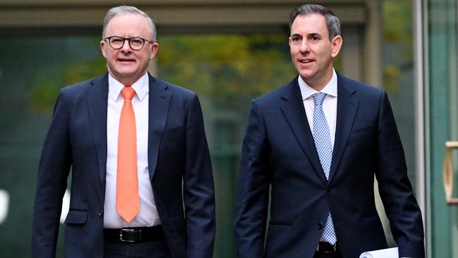 Prime Minister Anthony Albanese and Treasurer Jim Chalmers arrive for post-budget media interviews at Parliament House. Picture: Tracey Nearmy