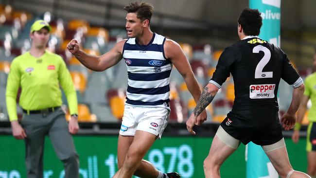 Tom Hawkins was at his best against the Saints. Picture: Getty Images