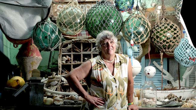 Kim McKenzie surfing legend and famous "Shark Girl" at her Teewah home. Pic Mark Cranitch.