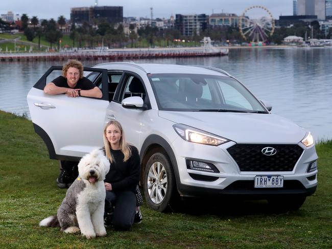 Uber driver James Kittelty and pet owner Georgia Blood with Chester. Uber will be launching a new type of ride - Uber Pet in Geelong. picture: Glenn Ferguson