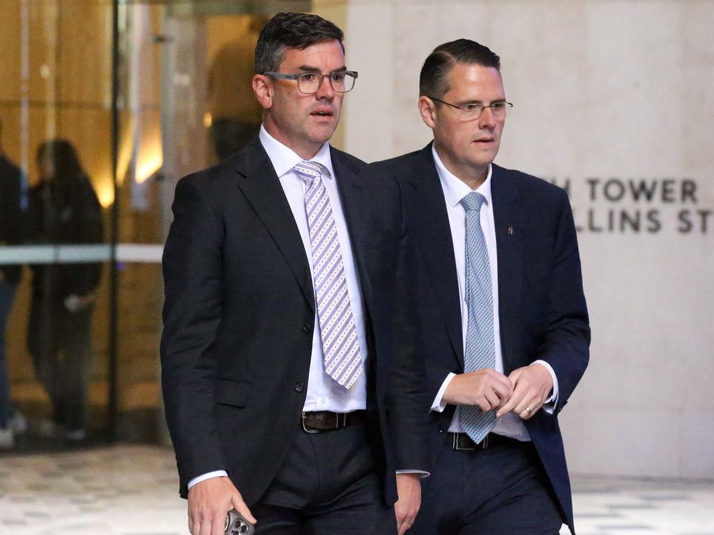 Brad Battin (left) and Opposition Treasurer James Newbury arrive at the Liberal Party lunch on Friday. Picture: Brendan Beckett
