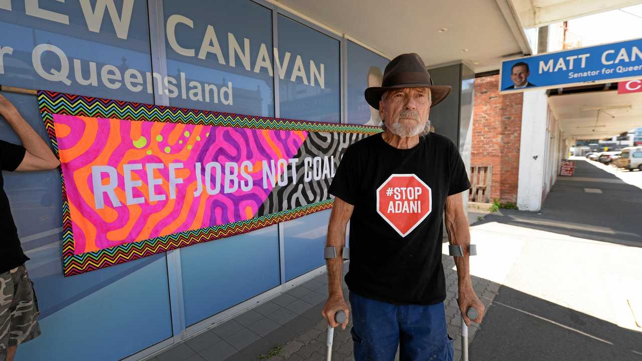 Activist Graeme Dunstan has been vocal in his opposition to the Adani mine, calling for reef jobs not coal jobs in 2017. Picture: Chris Ison ROK250817cadani1