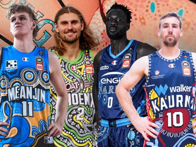 Mitch McCarron (Adelaide), Jo Lual Acuil Jr (Melbourne United), Matt Kenyon, Ben Ayre, Rhys Vague (SEM Phoenix) and Rocco Zikarsky (Brisbane) model their clubs' Indigenous Round jerseys.