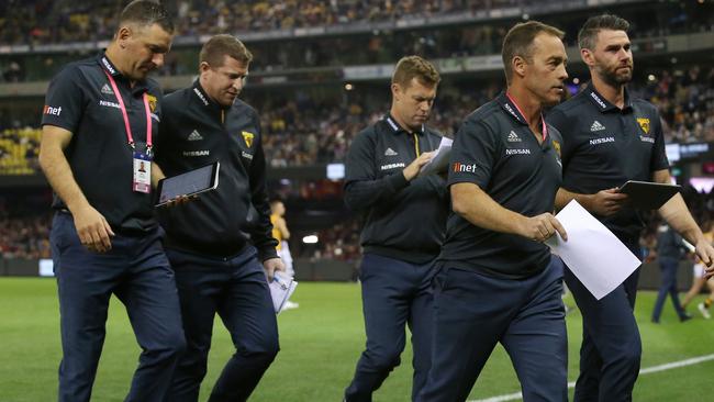 AFL Round 13. 14/06/2019. Essendon vs Hawthorn at Marvel Stadium.  Hawthorn coach Alastair Clarkson with assistants Adam Yze, Scott Burns, Sam Mitchell and Chris Newman  .  Pic: Michael Klein