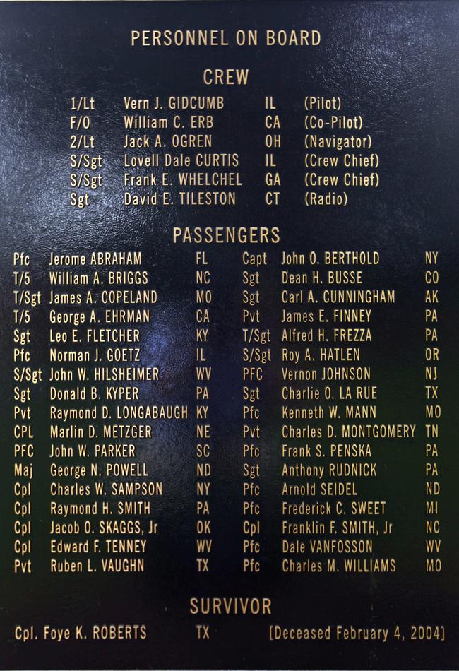 The names of the 40 US Army Air Corps soldiers who died when a B-17 Flying Fortress bomber crashed in Mackay, in 1943, inscribed on the Bakers Creek Memorial monument at Selfridge Gate, of Fort Myer, near Arlington National Cemetery, Virginia, US.