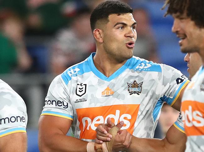 GOLD COAST, AUSTRALIA - APRIL 23: David Fifita of the Titans celebrates a try during the round seven NRL match between the Gold Coast Titans and the South Sydney Rabbitohs at Cbus Super Stadium, on April 23, 2021, in Gold Coast, Australia. (Photo by Chris Hyde/Getty Images)