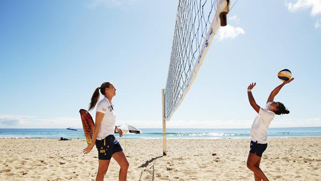 NSW Premier Mike Baird will join Sydney 2000 Olympic gold medalists, Kerri Pottharst and Natalie Cook, for the media announcement of the biggest beach volleyball event in Australia since the Sydney Olympics. In the space of just two weeks, Manly Beach will host the Australian Beach Volleyball Tour Finals, the inaugural 4 Nations Cup, and the Asian Volleyball Confederation Beach Volleyball Championships. Beach Volleyballers Nicole Laird(L) and Mariafe Artacho del Solar, pictured at Manly Beach are hoping to qualify this year to represent Australia in Beach Volleyball at the Rio Olympics. Picture: Braden Fastier