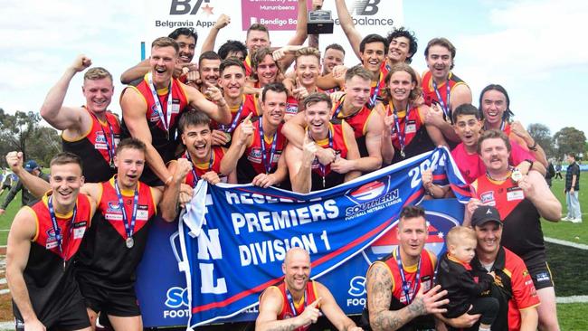 Goldsmith (front left) celebrates the 2024 premiership with his teammates. Picture: Jake Marriner/Jam_visuals