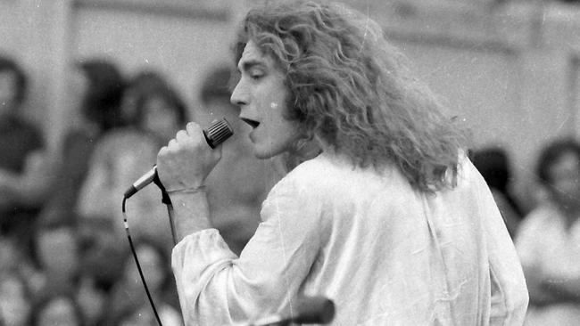 Robert Plant of Led Zeppelin entertains crowds at a concert at Kooyong Stadium in 1972.