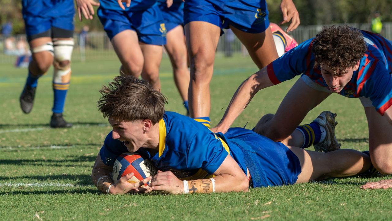 Adam Davis scores a try for TGS. 2024 O'Callaghan Cup at Downlands College. Photo by Nev Madsen