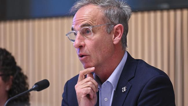 Greens Senator Nick McKim questions Woolworths CEO Bradford Banducci at the Senate Select Committee on Supermarket Prices at Parliament House in Canberra. Picture: NCA NewsWire/Martin Ollman