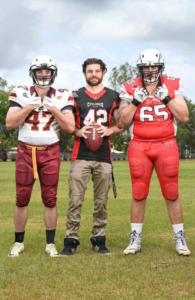 Townsville Cyclones players Ryan Worsley, Kyle Reynolds and Leon Suckling ahead of the 2024 Regional Queensland American football season. Worsley is pictured in his Regional Queensland Irukandji representative jersey. Picture: Shae Beplate.