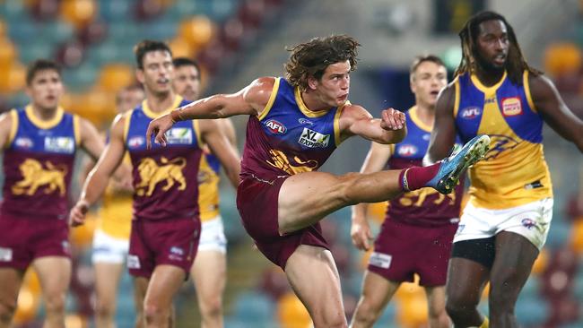 Jarrod Berry of the Lions kicks a goal during the round-3 AFL match between Brisbane and the West Coast Eagles. Picture: Jono Searle/AFL Photos via Getty Images