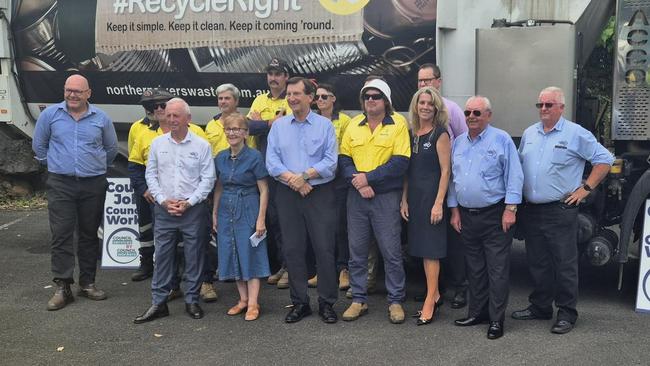 Lismore Mayor Steve Krieg, left, met with Minister for Local Government, Ron Hoenig, Lismore MP Janelle Saffin, Lismore council general manager John Gibbons, United Services Union northern manager Stephen Hughes, and Lismore council waste collection truck drivers for a $5million new funding announcement at the Lismore recycling and recovery centre on Wednesday. Picture: supplied