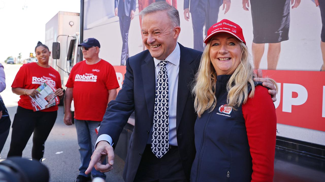 Anthony Albanese with Labor candidate Tracey Roberts. He spoke to the party faithful but no one else. Picture: Sam Ruttyn.