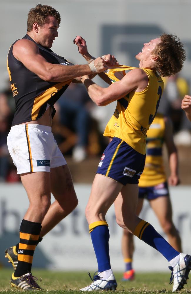 The Eagles’ Luke Jarrad gets some close attention from Glenelg’s Lachlan Button. Picture: Tait Schmaal