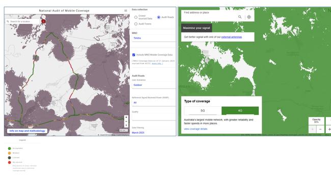 Accenture's drive testing (left) shows large sections of the road from Hay to Ivanhoe in NSW as having no Telstra service using a regular mobile phone. Whereas Telstra's own map (right) shows people can receive coverage with an external antenna.