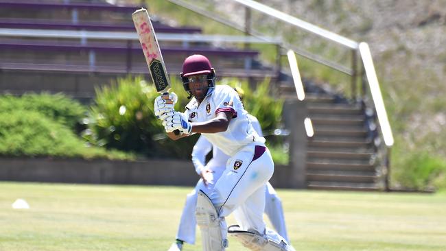 St Peters Lutheran College batsman Prabhas Bachu AIC First XI cricket between St Peters Lutheran College and St Laurence's College. Saturday February 11, 2023. Picture, John Gass