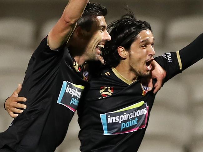 SYDNEY, AUSTRALIA - JULY 21: Jason Hoffman and Kosta Petratos of the Jets celebrate Petratos scoring a goal during the round 28 A-League match between Sydney FC and Newcastle Jets at Netstrata Jubilee Stadium on July 21, 2020 in Sydney, Australia. (Photo by Mark Kolbe/Getty Images)