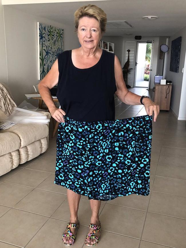 Dr Thea Vanags, with the pants she used to wear. She abandoned the recommended low-fat, high-carb diet and dropped 60kg.