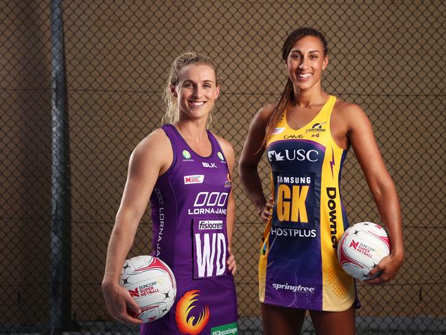 SYDNEY, AUSTRALIA - APRIL 23:  Gabi Simpson of the Queensland Firebirds (L) and Geva Mentor of the Sunshine Coast Lightning (R) pose during the Suncorp Super Netball 2018 season launch on April 23, 2018 in Sydney, Australia.  (Photo by Matt King/Getty Images)