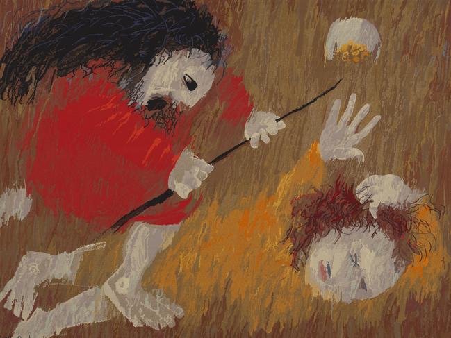 Arthur Boyd, designer, Tapeçarias de Portalegre, manufacturer, St Francis being beaten by his father 1973, tapestry, National Gallery of Australia, Canberra. Reproduced with the permission of Bundanon Trust.