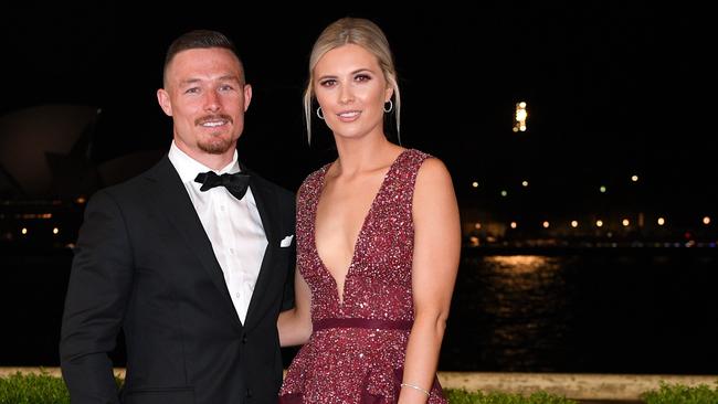 South Sydney Rabbitohs player Damien Cook and Courtney Blaine arrive at the Dally M Awards in Sydney, Wednesday, September 26, 2018. The awards are named in honour of former Australian Rugby League great Herbert Henry 'Dally' Messenger, and were introduced in 1980. (AAP Image/Dan Himbrechts) NO