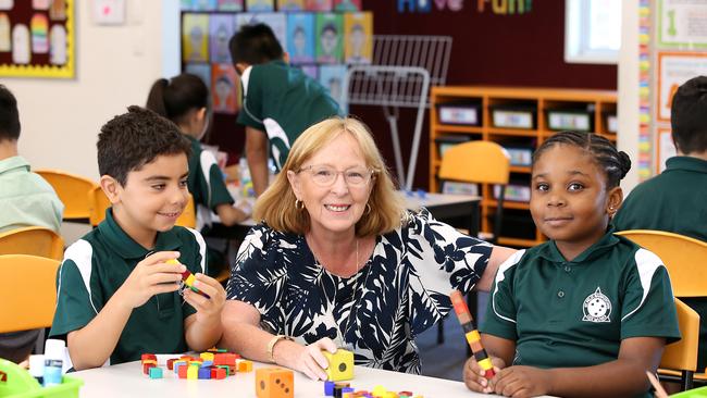 Felix Catholic principal Fran Bonanno with year 3 students Charbel Keirouz, 8, and Princess Lawal, 8. Picture: Jane Dempster/The Australian