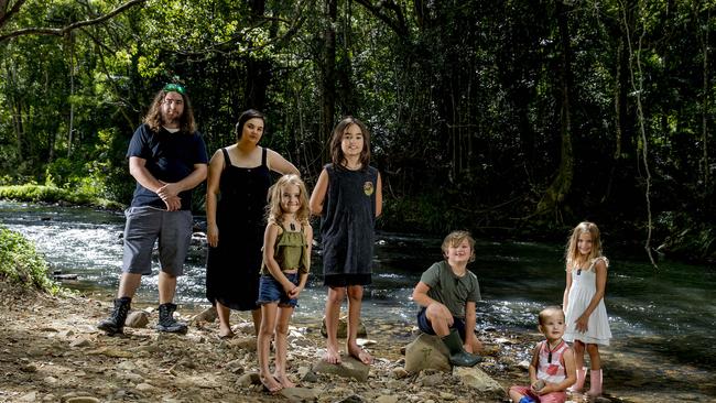 Jamie Hartley and Tegan Hartley, of Pimpama, homeschool their children by taking them outdoors and learning through real life experiences. (l-r) Sahara, 5, Jayden, 10, Zahariah, 7, Jameson, 2 and Indigo, 7. Picture: Jerad Williams